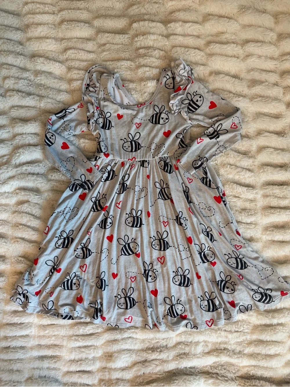 Little Sleepies Play Collection' Gray Bee Print Long Sleeve Dress with Red Heart
